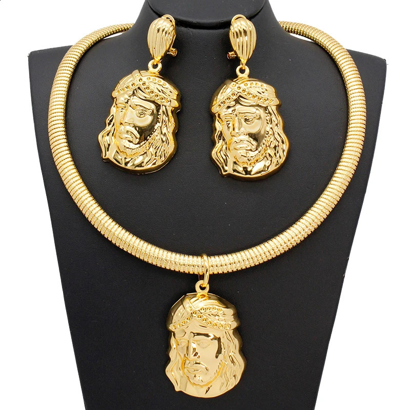 Necklace Set Vintage Jesus Avatar Pendant Earrings Personalized Hip Hop Fashion Womens Jewelry 24K Gold Dubai Jewelry 241018