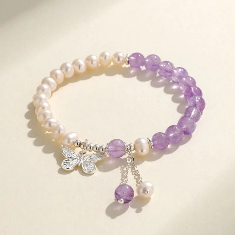 Minar Exquisite Silver Copper Contrast Natural Stone Crystal Freshwater Pearl Tassel Butterfly Chain Bracelet 241018