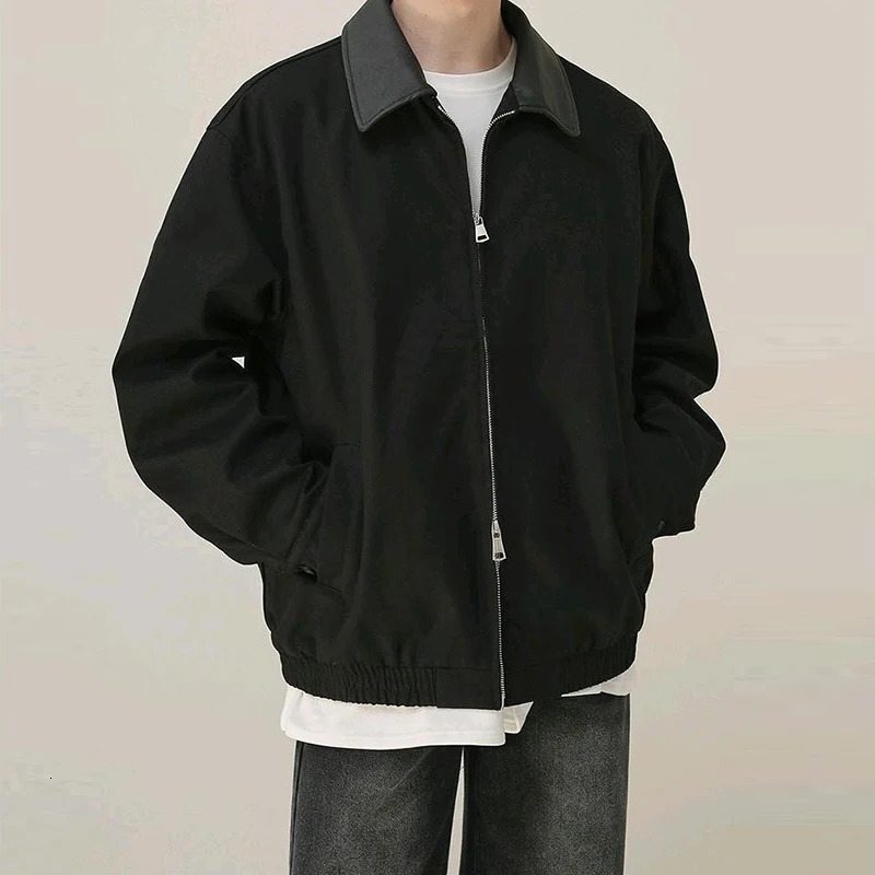 Male Stitching PU Jackets Winter Fashion Solid Color Loose Zipper Outwear Autumn Mens Long Sleeve Leather Motorcycle Coats 241018