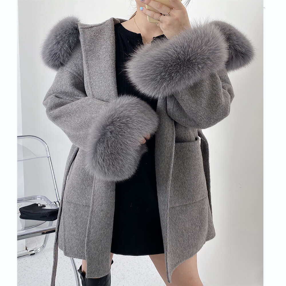 2023 Real Coat New Oversize Ladies Outerwear Winter Jacket Women Natural Fox Fur Collar Cuffs Hood Cashmere Wool Woolen