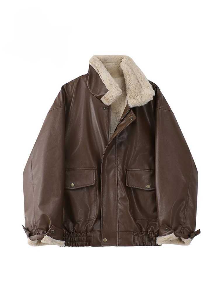 Winter Womens Faux Fur Leather Jacket Long Sleeve Oversize Warm Lambwool Thickened Coat Coffee Motorcycle Lapel PU Coat 2023X241018