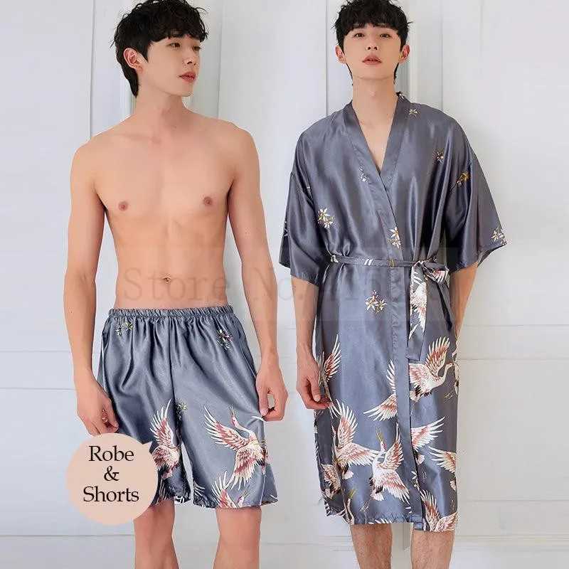 Men Satin Kimono Robe Set Nightwear Half Sleeve Print Crane Sleepwear Home Dressing Gown Loungewear Nightgown BathrobeXJ241018