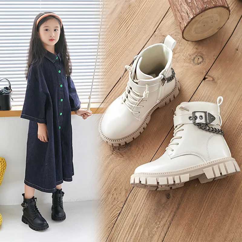 Boots Children New Boots Soft-soled Girls Boots Autumn and Winter Warm British Style Boys Leather Boots dent Metal Chain Hot H241018
