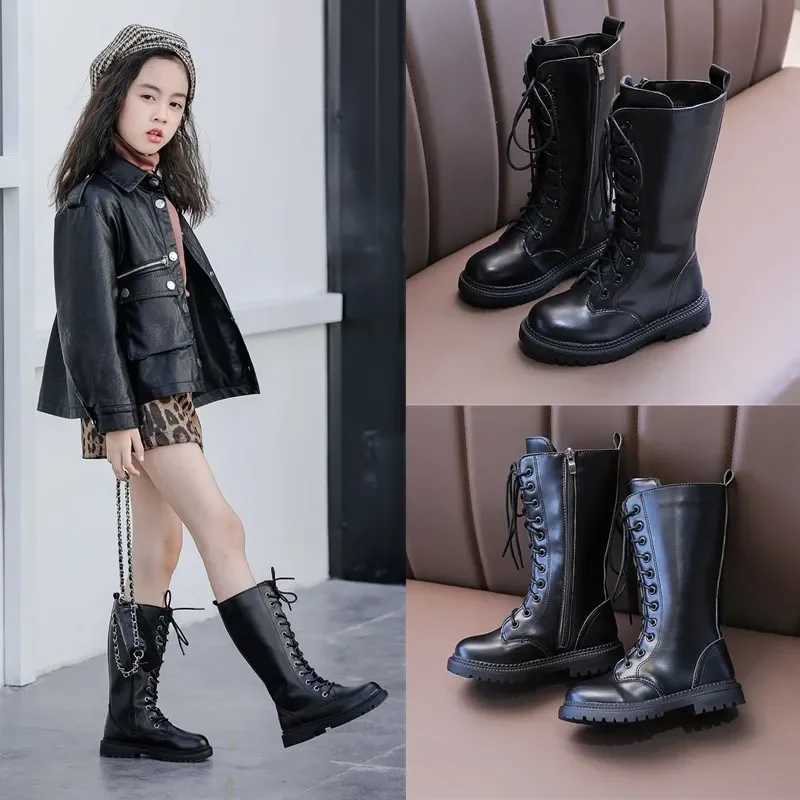 Boots Girls Long Boots Black Fashion Children Motorcycle Boots Classic Kids Rubber High Warm Princess Boots 2024 Autumn Winter New H241018