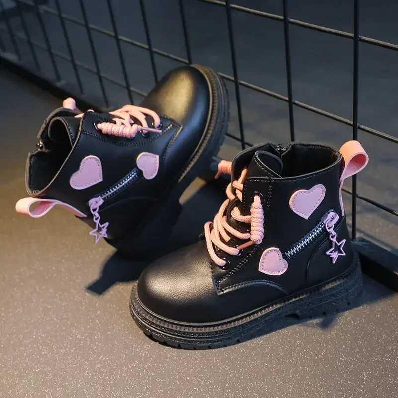 Boots Black/Girls Leather Boots Velvet Non Slip Low Cut Side Zipper Winter Outdoor Girls Fashion Single Boots H241018