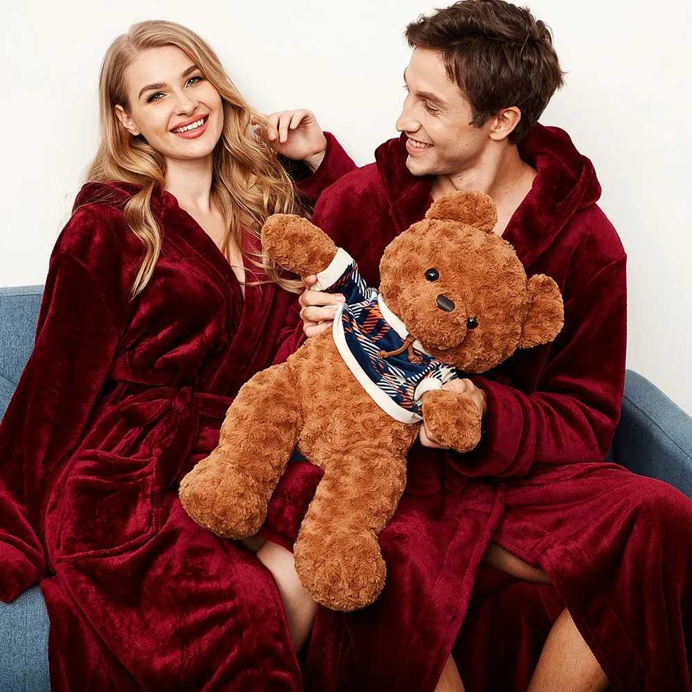 Lovers Coral Fleece Long Robe Winter Hooded Sleepwear Warm Thick Bathrobe Gown Couple Nightwear Coral Fleece Kimono GownXJ241018
