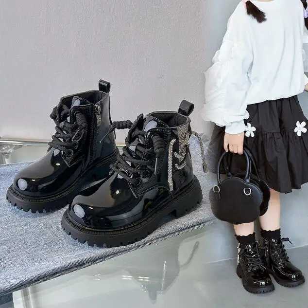 Boots Girl princess ankle boots black beige childrens leather boots autumn anti slip childrens snow boots solid color sports shoes H241018