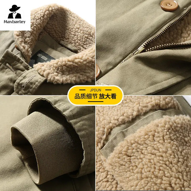 Winter Mens Jacket Thickened Fleece Lined Warm Parka Climbing Loose Casual Wool Collar Windproof Pilot Cotton Coat 241018