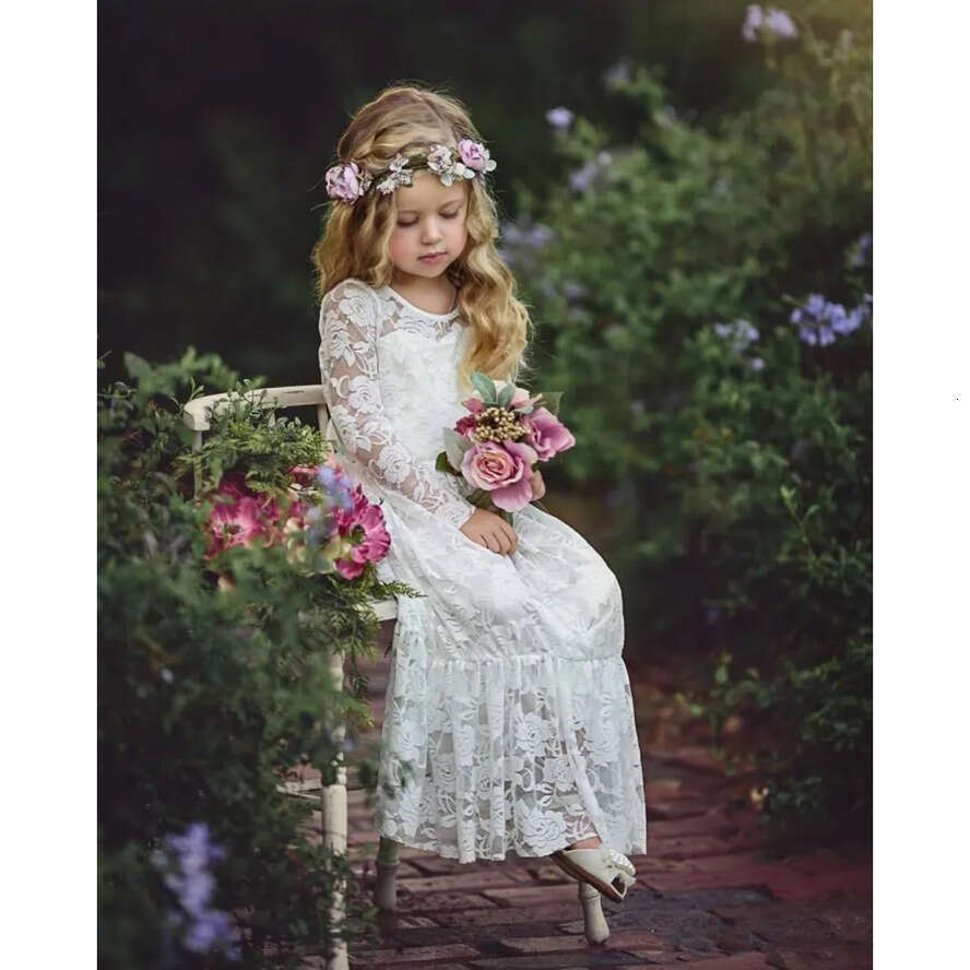 Boho Wer Sleeve Long Dresses For Wedding Or Length Lace Little Kids First Communion Dress Vintage Cheap Girls Pageant Gowns Pro232