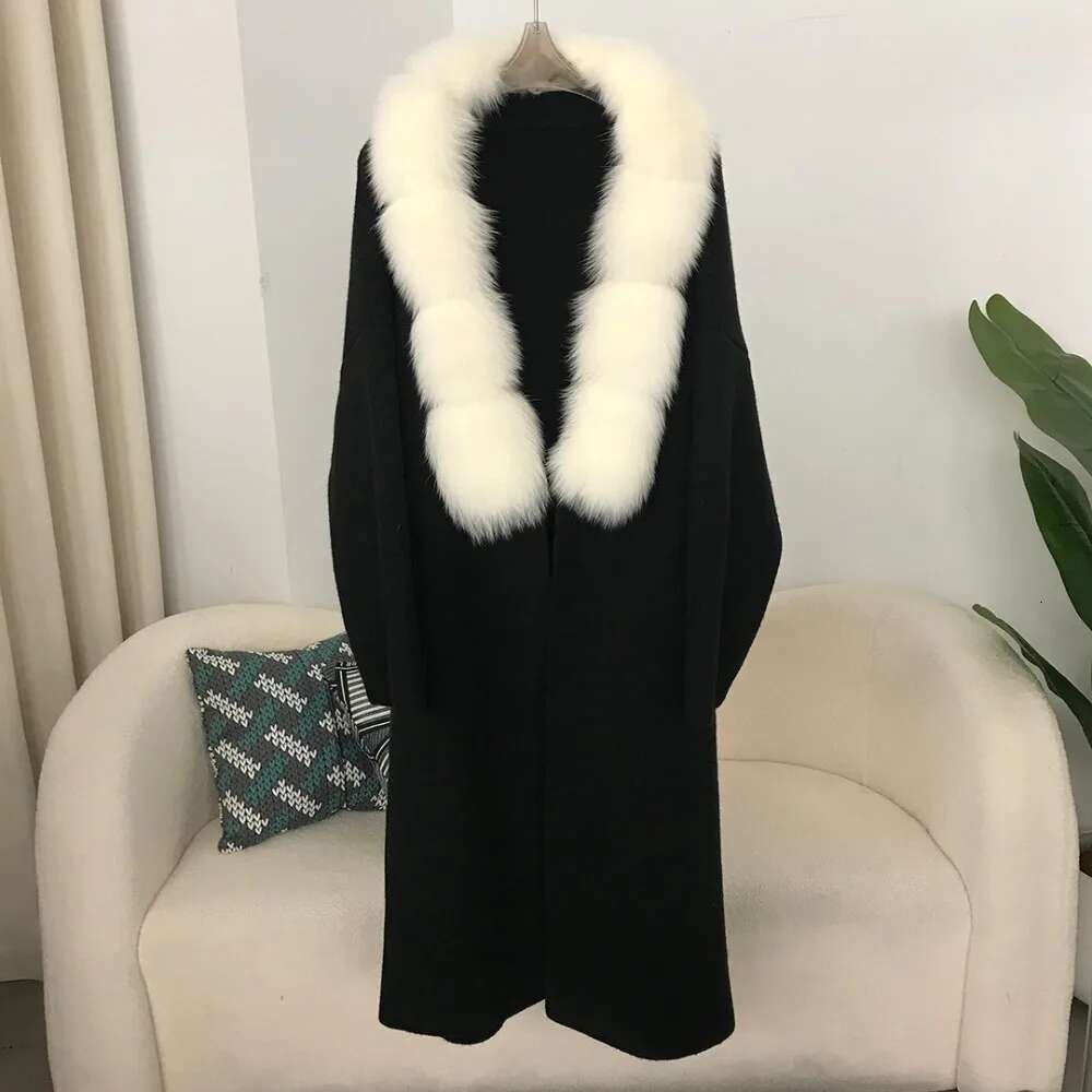 New Autumn/Winter Slouchy Long Over Knee Knitted 2024 Real Jacket Women's Natural Fox Fur Collar Loose Coat