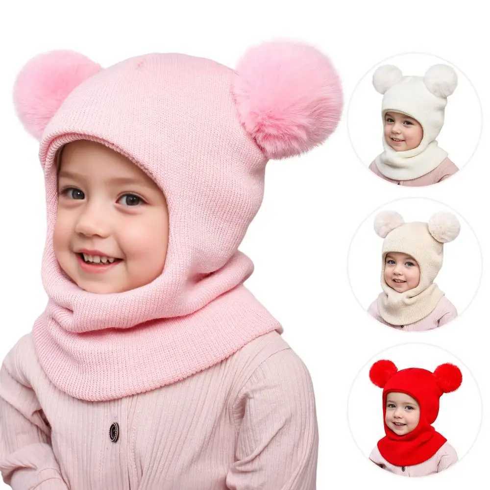 New Cute Balaclava Hats Children Double Balls One-piece Hat Scarf Boys Girls Autumn Winter Pompom Ball Wool Cap LX241018