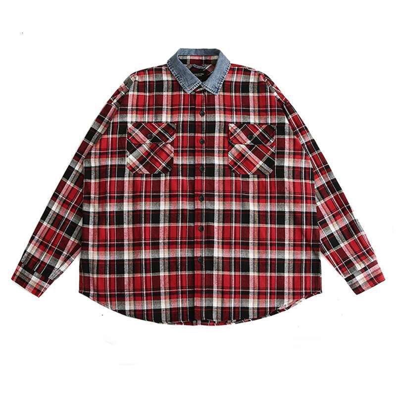 shanshi Men's shirts American high street denim collar checked shirt men's spring and autumn loose casual versatile couple long sleeved stud