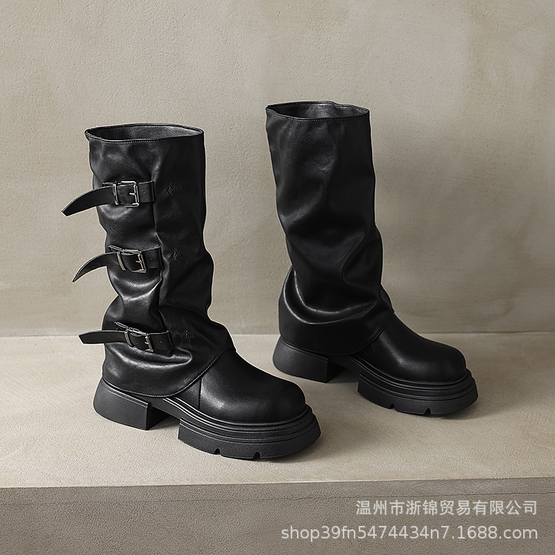 Martin boots for women 2024 new British style thick soled small mid rise boots for women, height increasing stacked leg boots