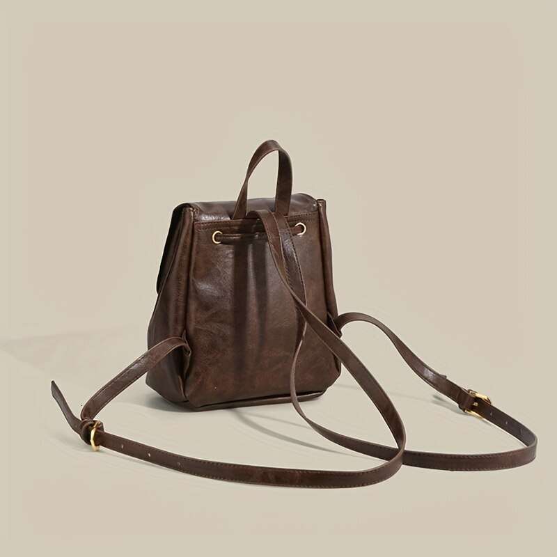 Small Drawstring Flap Women Mini PU Leather Textured School Backpack Fashion Travel Commuter Bag Girl Bakpac