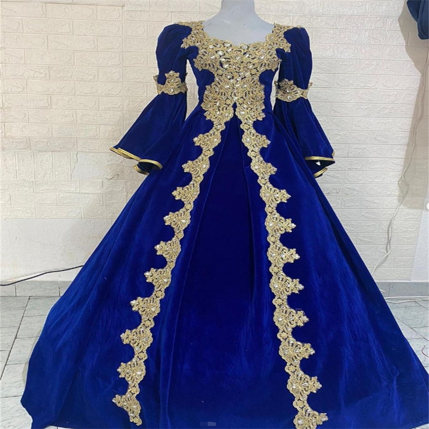 Albanian Royal Blue Arabic Evening Dresess Elegant Long Sleeve Abaya Moroccan Prom Dress Charming Special Occasion Birthday Gown Traditional Vestio De