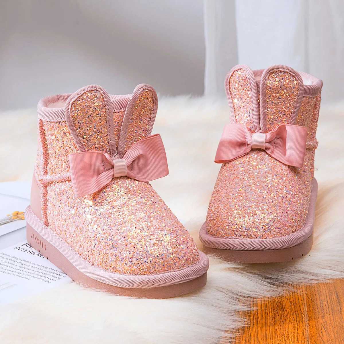 Boots Childrens snow boots girls rabbit fur warm boots baby cotton sports shoes sequined genuine leather princess fashion boots H241018