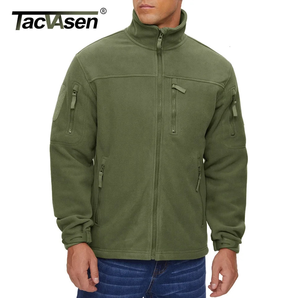 TACVASEN Full Zip Up Green Fleece Jacket Thermal Warm Work Coats Mens Zipper Pockets Hiking Training Outwear Windbreaker 241018