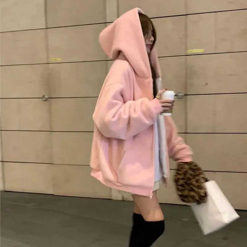 Pink Plus Velvet Hooded Sweatshirts Women Autumn Winter Zipper Thicken Warm Hoodies Woman Korean Student Lamb Wool CoatX241018