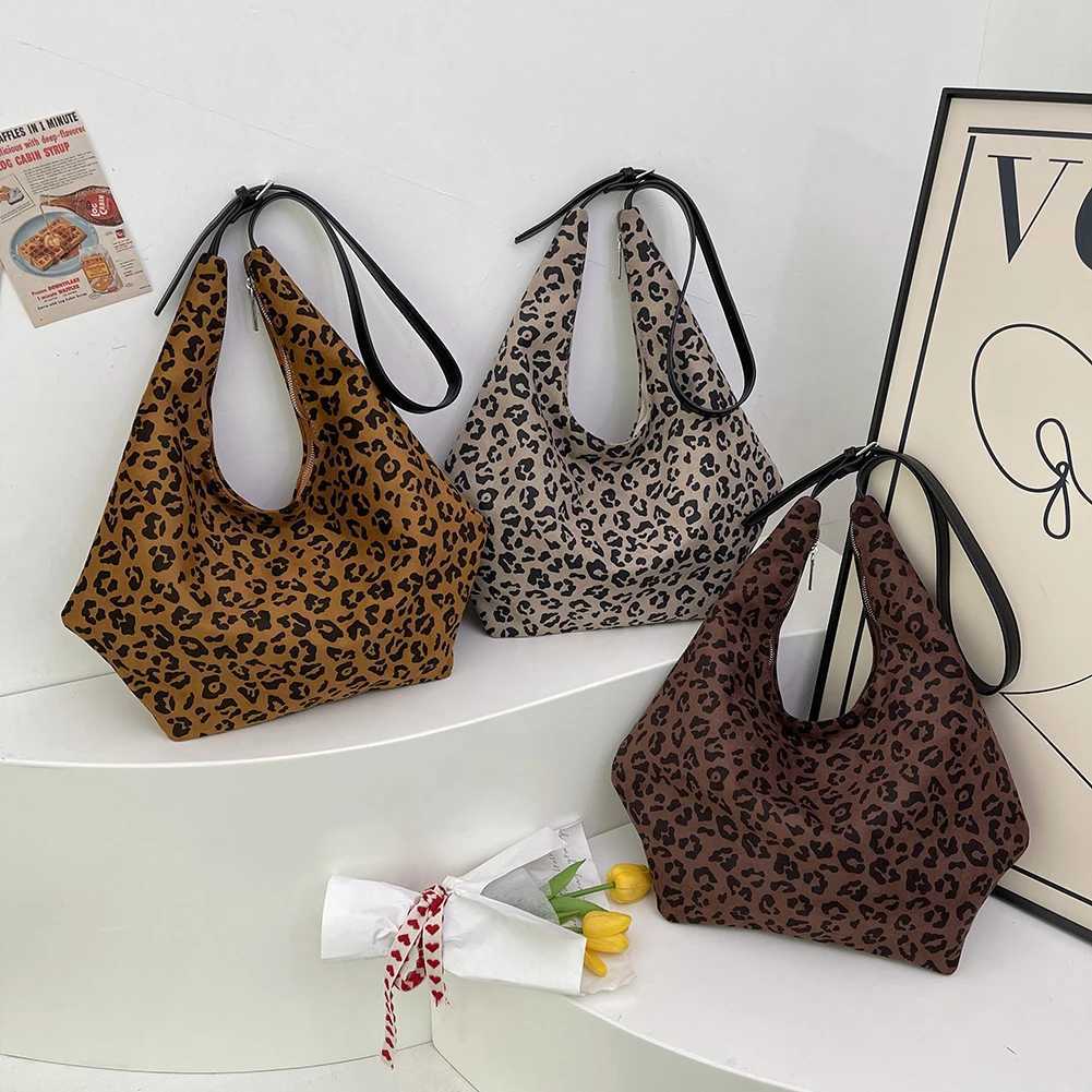 Ladies Suede Shoulder Bag Leopard Print Large Tote with Zipper Crescent Handbag for Work Travel 241018