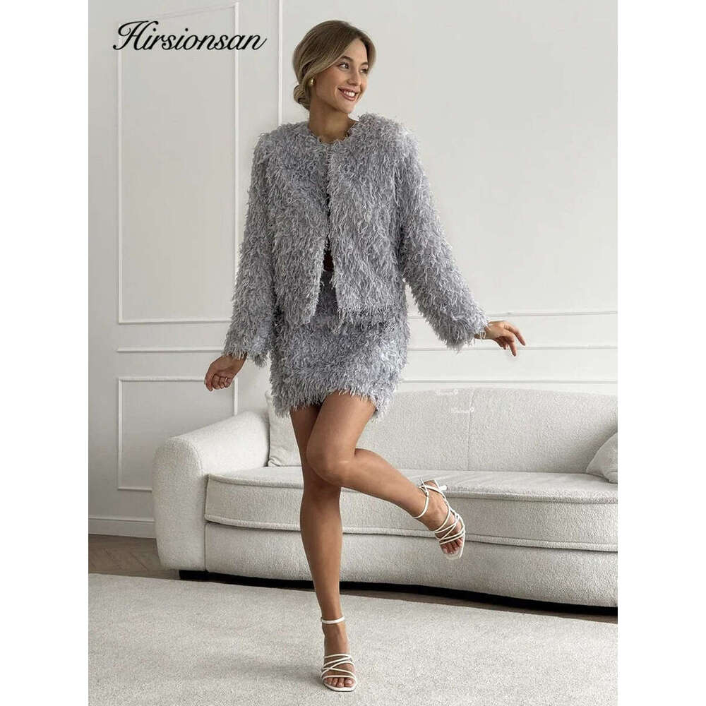 Hirsionsan Christmas New Year Women Sets 2 Pieces Tassels Female Soft Cardigan & Mini Dress Elegant Ladies Knitted Tracuit