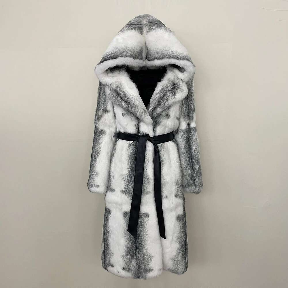 Fox 2024 Autumn Winter Urious Thickened Warm Hooded Real Rabbit Women Long Natural Fur Coat