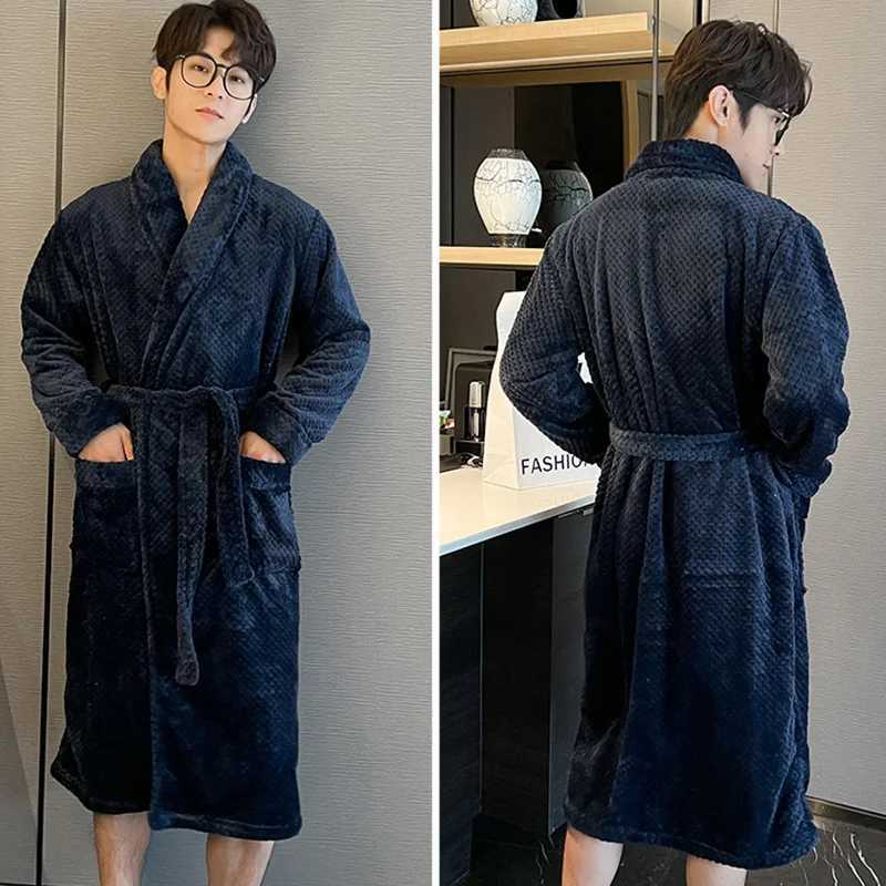 Men Robe Kimono Solid Color Flannel Winter Sleepdress Night Dress Long Sleeves Cardigan Bathrobe Home Dress Loose Home ClothesXJ241018