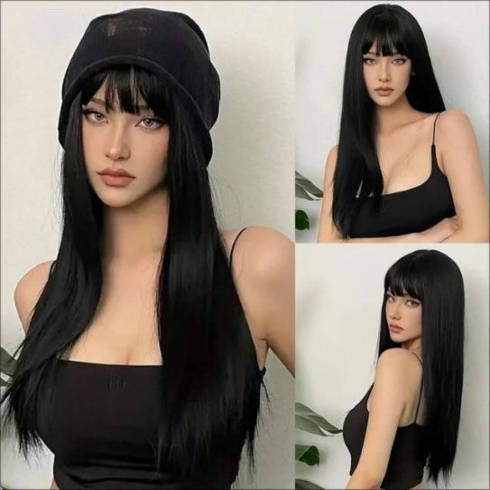 Black Synthetic Wig Women Long Straight Natural Bangs Hair Daily Party Wear Heat Resistant Full Head Cover