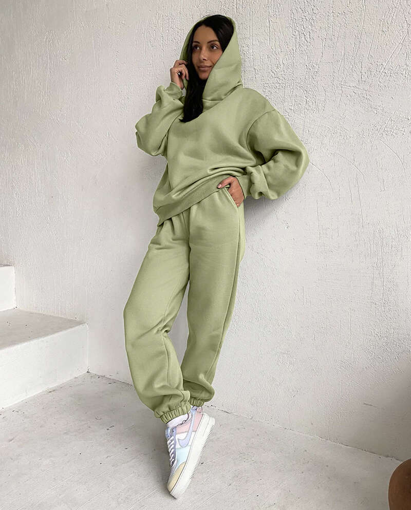Hirsionsan Soft Cotton Fleece Women Autumn Winter Thicken Warm Hoodie Sweatshirts And Pants Two Piece Sets Ladies Tracuit
