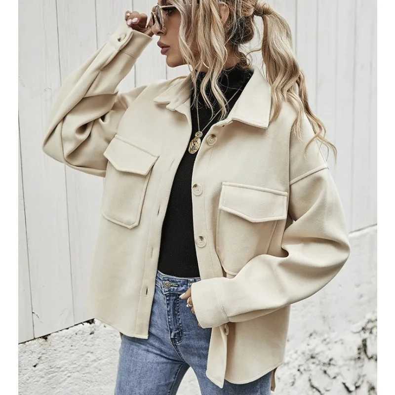 Women Solid Loose Cardigan Pocket Coat Spring Autumn Woolen Coat Women Long Sleeve Single Breasted Turn-down Collar Woolen CoatX241009