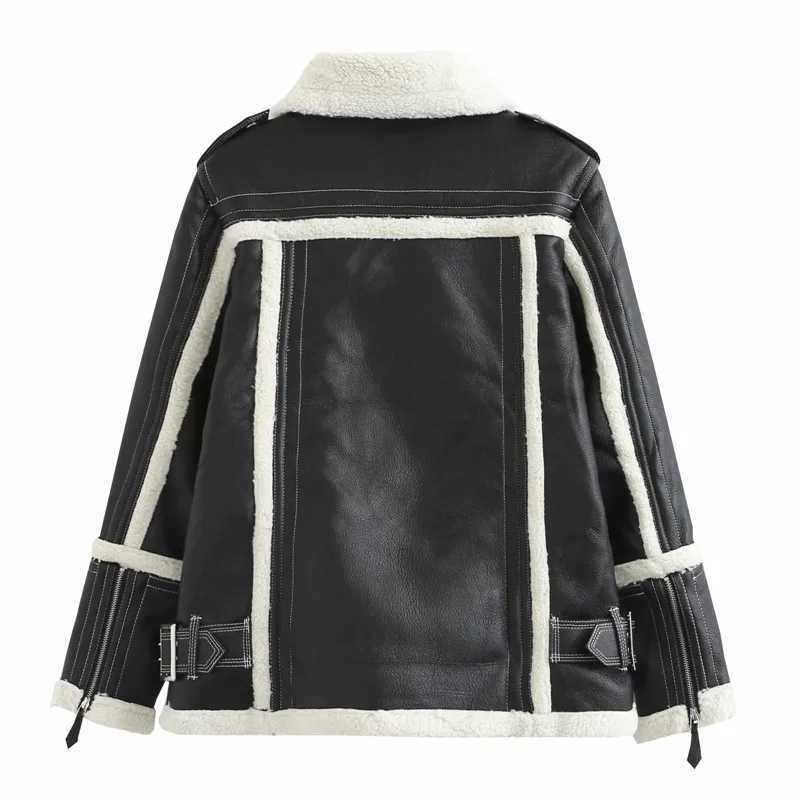 Evfer Winter Fashion Lady Patchwork Lamb Wool Warm Jackets Outwear Women Stylish Turn-Down Collar Zippers Faux Leather CoatsX241018