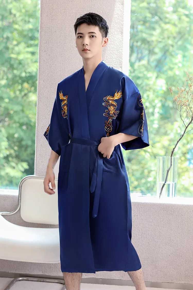 Black Satin Men Kimono Gown Embroidery Dragon Robe Casual Bathrobe Gown Male Loungewear V-neck Sleepwear Loose Home ClothesXJ241018