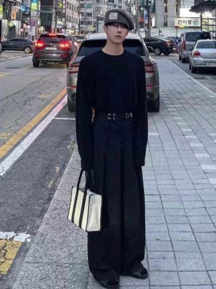 Pants Men Fashion Casual Solid High Street Simple Hiphop Wide Leg Trousers Allmatch Korean Style Loose Temperament College 241018