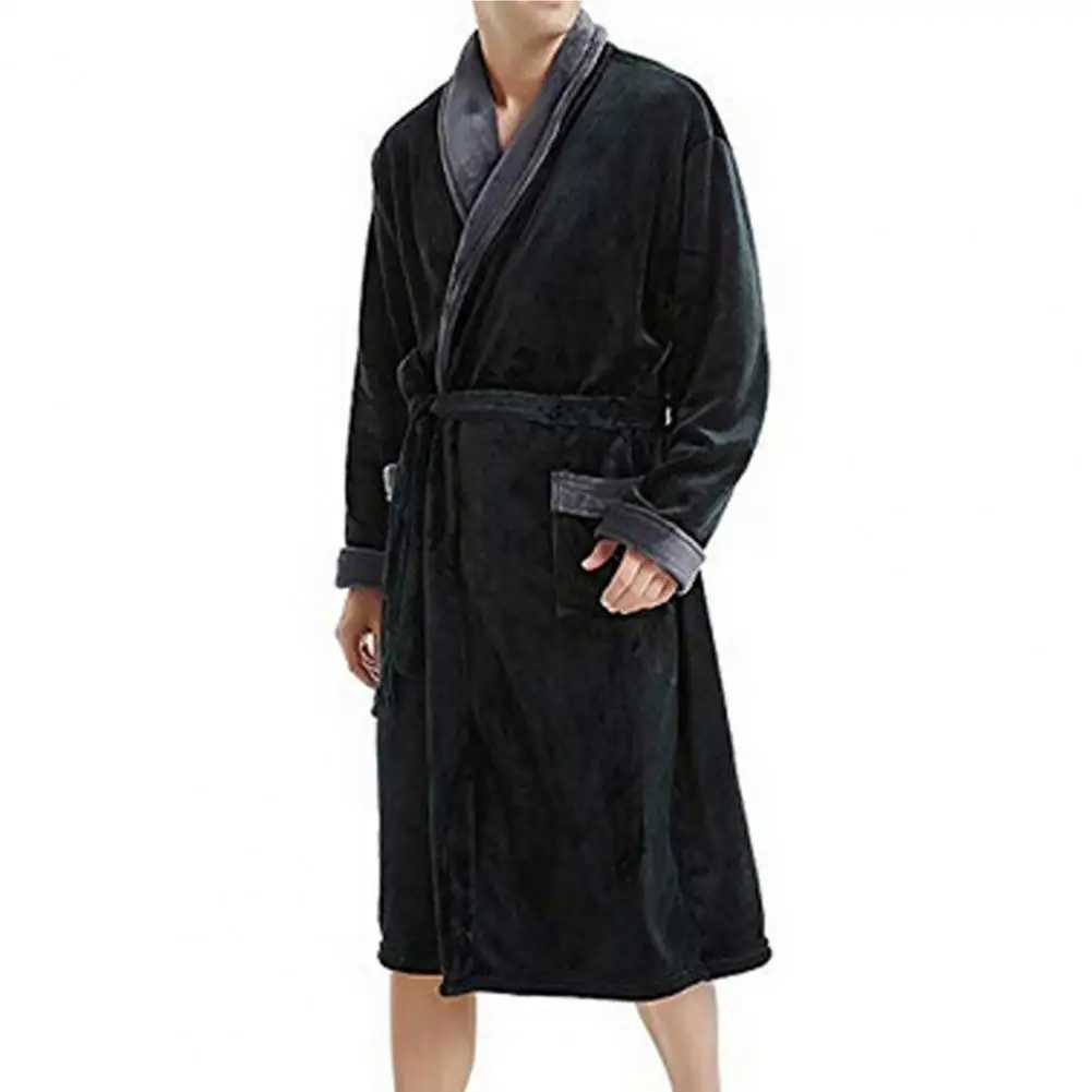 Men Winter Nightgown Thick Plush Coral Fleece Bathrobe Water Absorption Long Sleeve Tie Waist Pockets Homewear Sleepwear RobeXJ241018