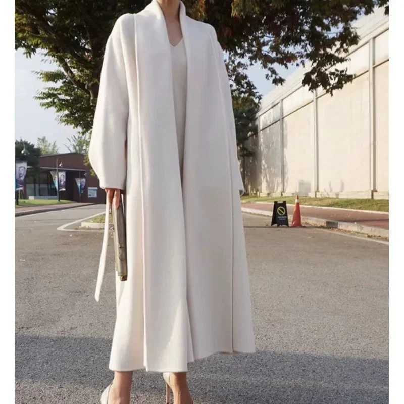 Elegant Women Woolen Coat Korea Chic Long Sleeve Loose White Wool Overgarment Coat 2023 Autumn Winter Kaschmir MantelX241009