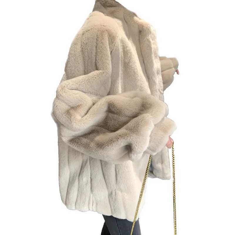 2024 Autumn Winter Faux Rabbit Fur for Women Medium Style Plushi Clothing Loose Lamb Wool Stand Collar Fur CoatX241018
