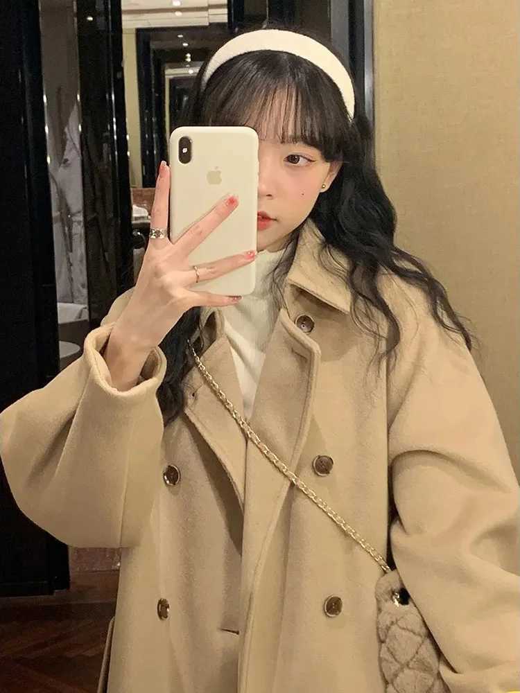 Korean Winter Baggy Woolen Coat Jackets Warm New Turn Down Collar Parkas Outwear Thick Women Double Breasted Overcoat AbrigoX241009