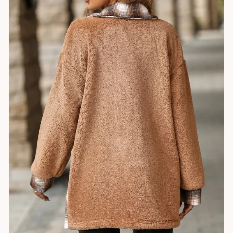 Womens Autumn and Winter Single Breasted Lapel Mid Length Plaid Plush Jacket Coats Long Coat Women Warm 241018