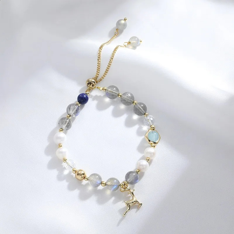 Minar Fashion Gold Copper Chain Transparent Moonstone Natural Stone Freshwater Pearl Bead Deer Charm Bracelet 241018