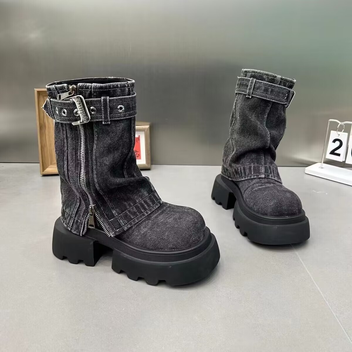 Martin boots 2024 new denim fake two-piece stacking boots motorcycle boots short boots spicy style zipper women's shoes