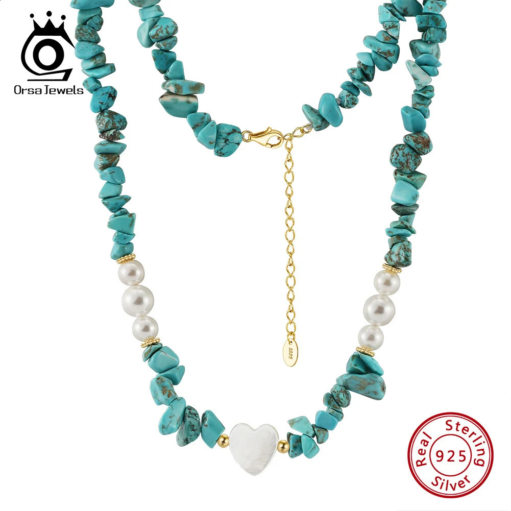 Orsa JEWELS 14K Gold Turquoise Necklace 925 Silver Shell Pearl Heart Pendant Necklace Jewelry Chain GMN57 241018