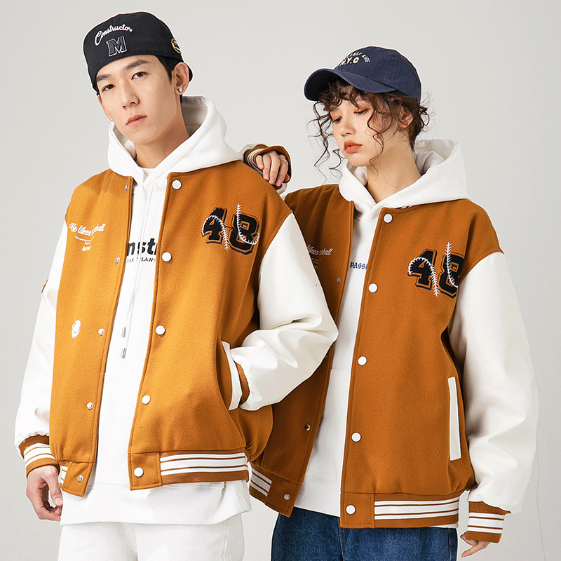 Hat Pattern Embroidery Varsity Bomber Jacket Men And Women Baseball Uniform Retro College Patchwork Leather Sleeve Outcoat Brown