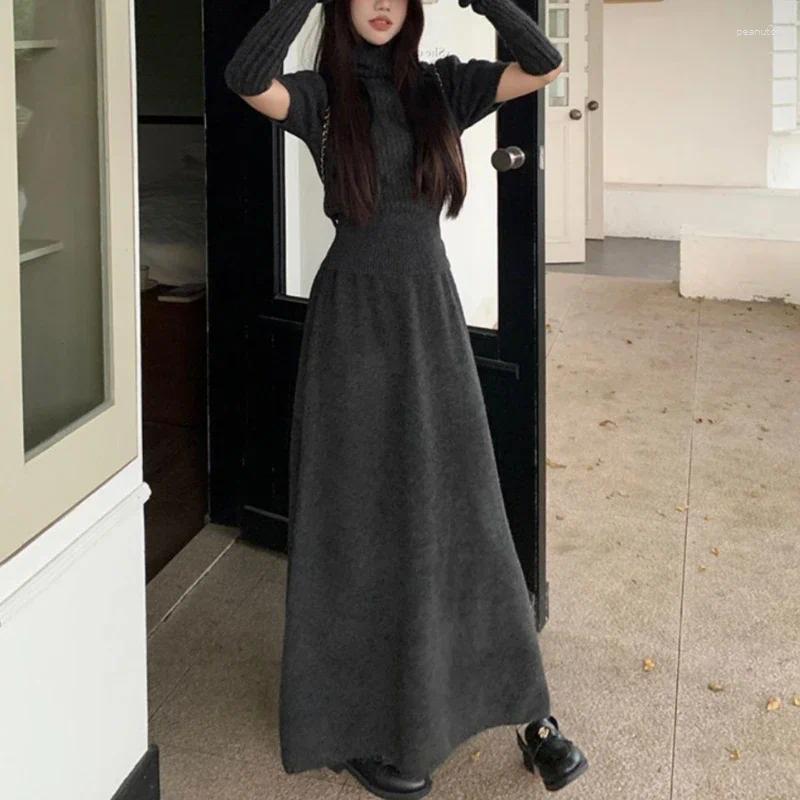 Two Piece Dress French Elegant Knitted Skirt Suits Vintage Autumn Winter Women High Neck Pullover Sweater Tops With Waiste Long Skirts Set B4