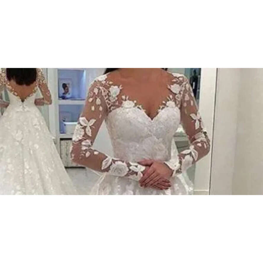White Women Wedding Sexy Dress Deep V-Neck Long Mesh Lace Sleeve A-E Pleated Or-Length Dresses Es 0417 es