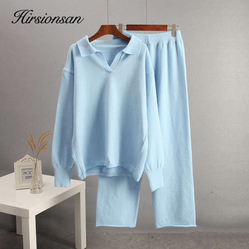Hirsionsan Winter Thick Women Suits Soft 2 Pieces Cashmere Female Sets Polo Neck Sweater & Wide Leg Pants Knitted Outfit