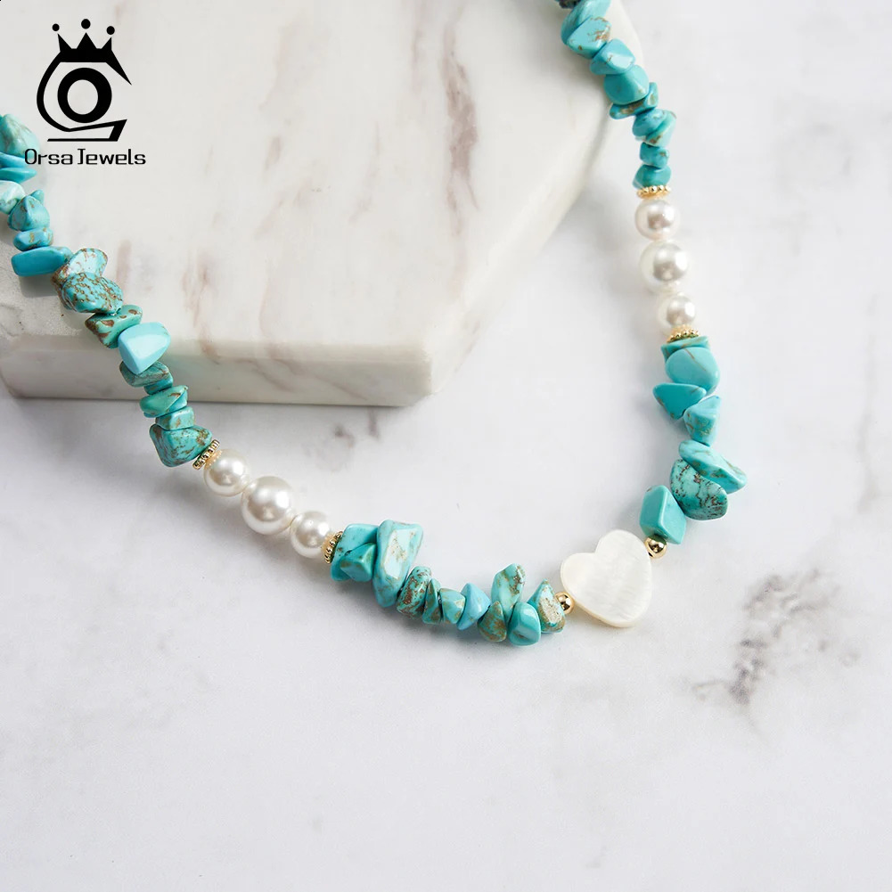 Orsa JEWELS 14K Gold Turquoise Necklace 925 Silver Shell Pearl Heart Pendant Necklace Jewelry Chain GMN57 241018