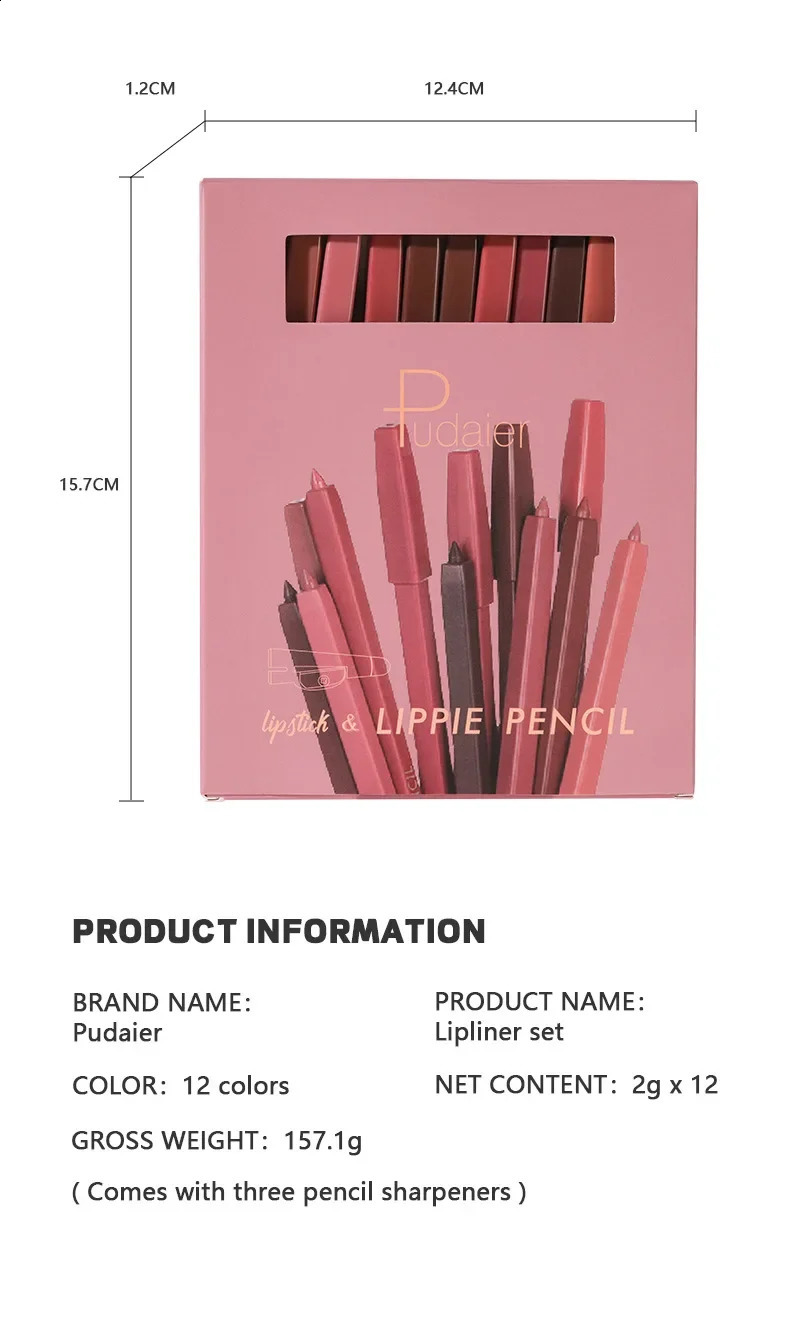 Pudaier 12 Color Matte Lipliner Pencil with Sharpener Set Makeup Lasting Velvet Lipstick Pen Nude Contour Plump Lip Liner Tint 241017