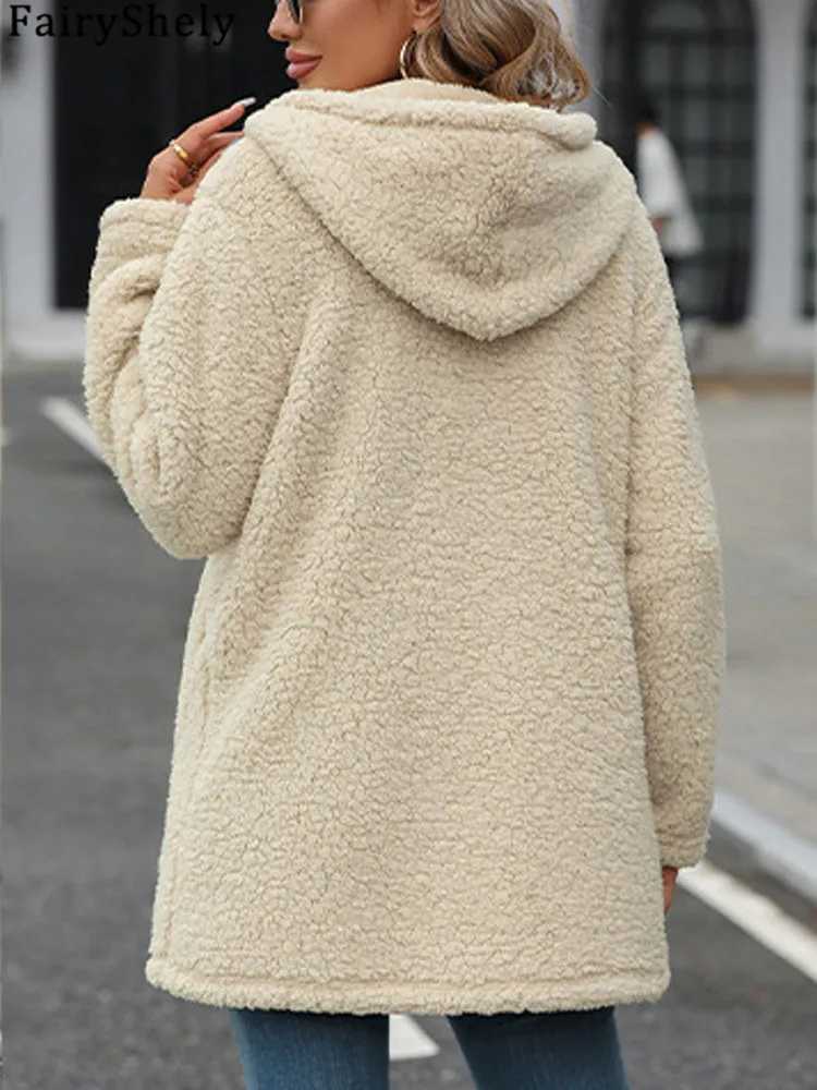 FairyShely 2024 Winter Solid Patchwork Women Jacket Thick Plush Hooded Warm Long Sleeve Long Coat Soft Zipper Cardigan Lady CoatX241018
