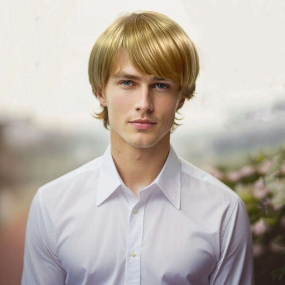 Tiktok Hot Selling Men's Slanted Bangs Fluffy Short Straight Hair Simulation Scalp Synthetic Wig Set