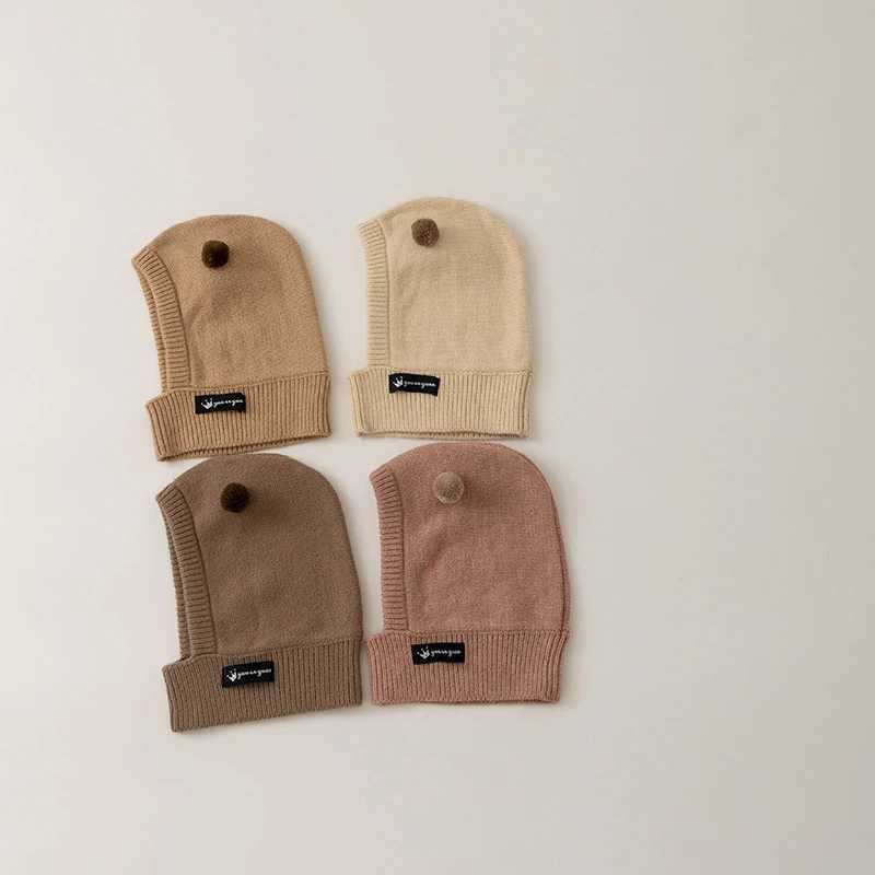 Cute Pompom Kids Balaclava Hat Winter Warm Ear Protection Cap Scarf One Piece Solid Color Wool Kids Beanie Caps LX241018