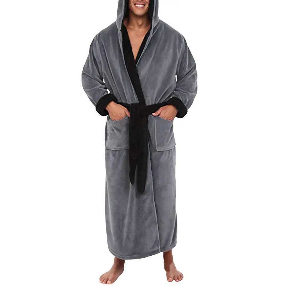 New Mens Bathrobe Long Dressing Fleece Hooded Nightgown Autumn and Winter Oversized Long Sleeve Pajamas Males Home ClothingXJ241018